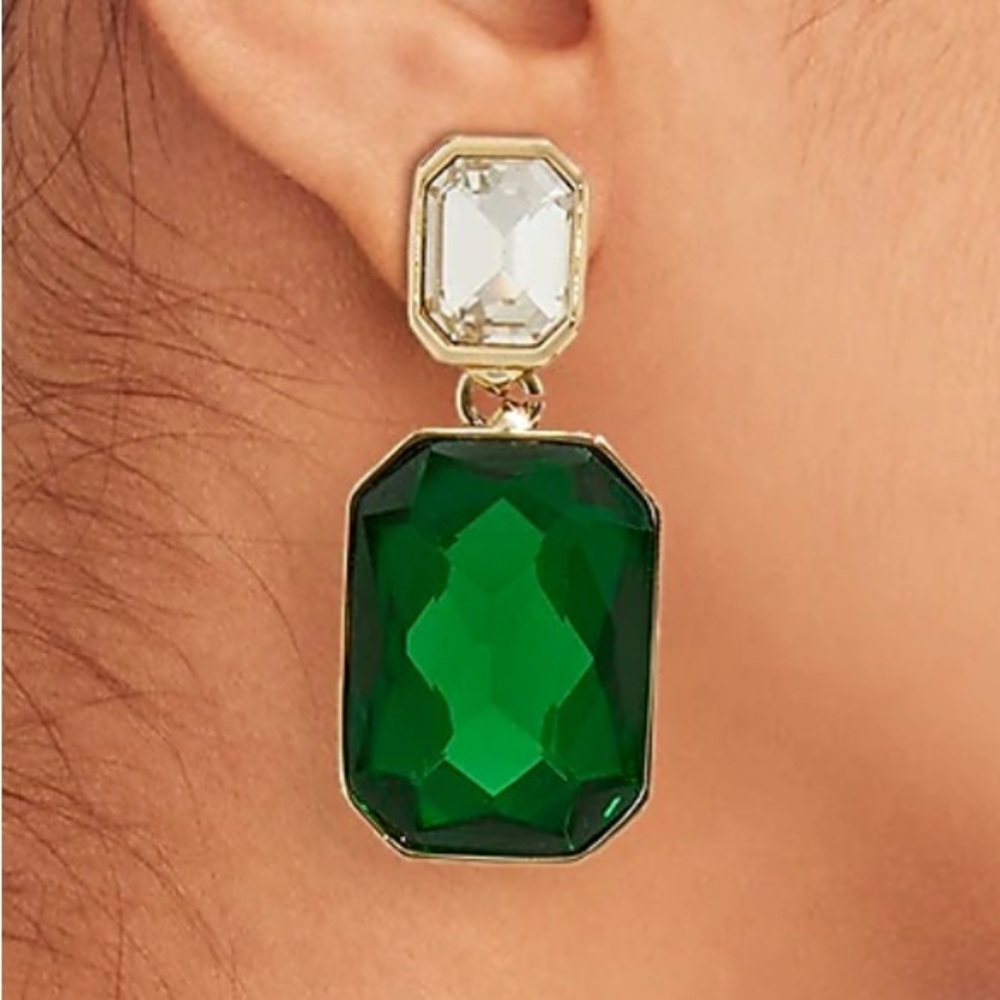J Crew Crystal Earrings - Green Onyx - Emerald Green - Picture 2 of 5